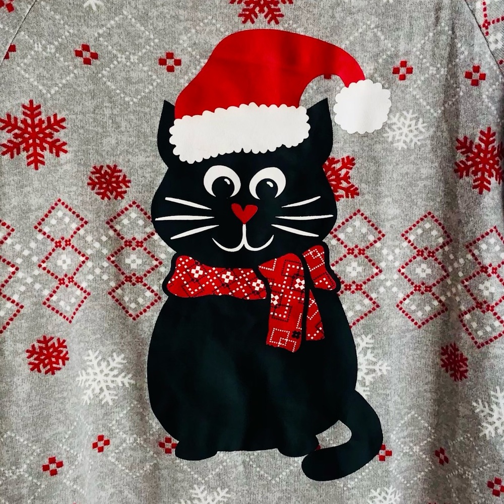 Christmas Black Cat in a Santa Hat Gray/Red/White Holiday Sweater